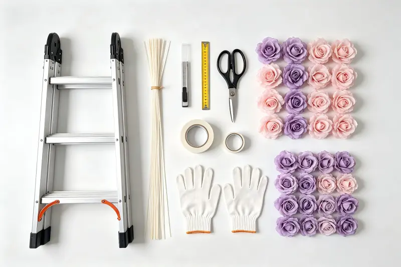 flower wall installation tools kit ladder zip ties gaffer tape scissors measuring tape gloves