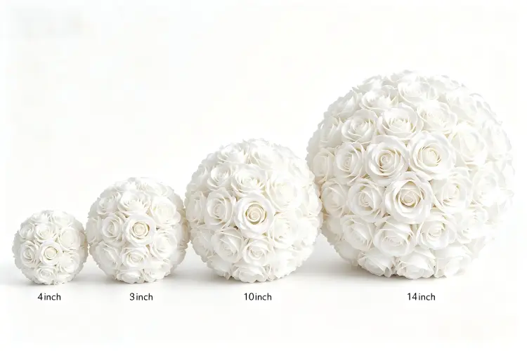 different sizes artificial flower balls side by side comparison 4 inch 6 inch 8 inch 10 inch 12 inch