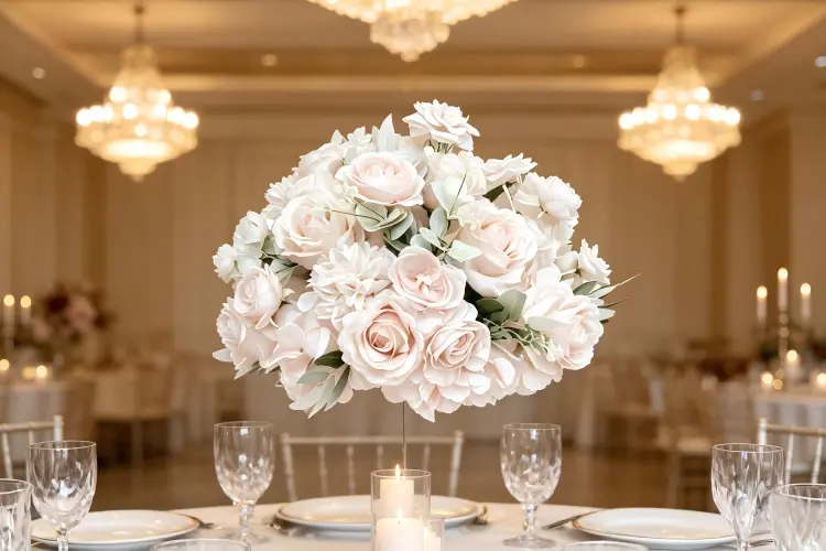 flower ball centerpiece on round wedding reception table place settings