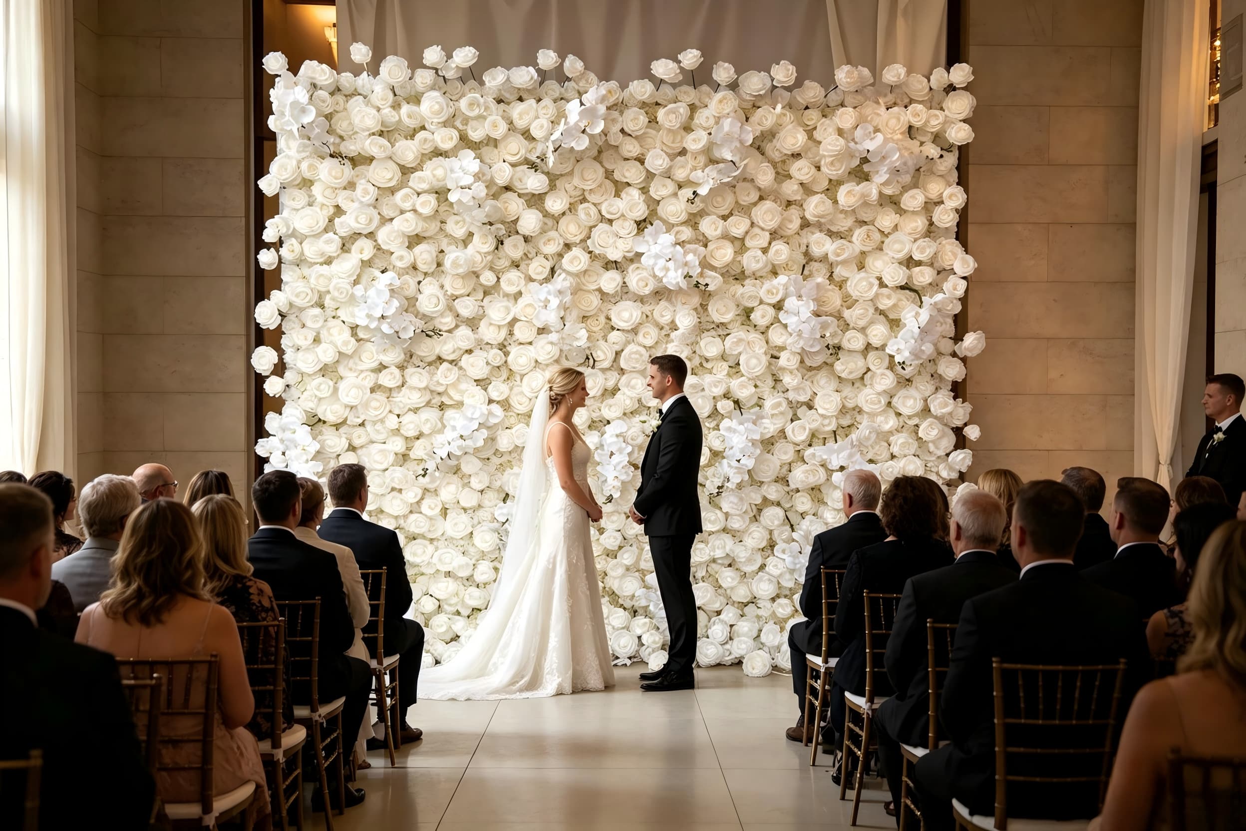 wedding flower wall backdrop at wedding ceremony
