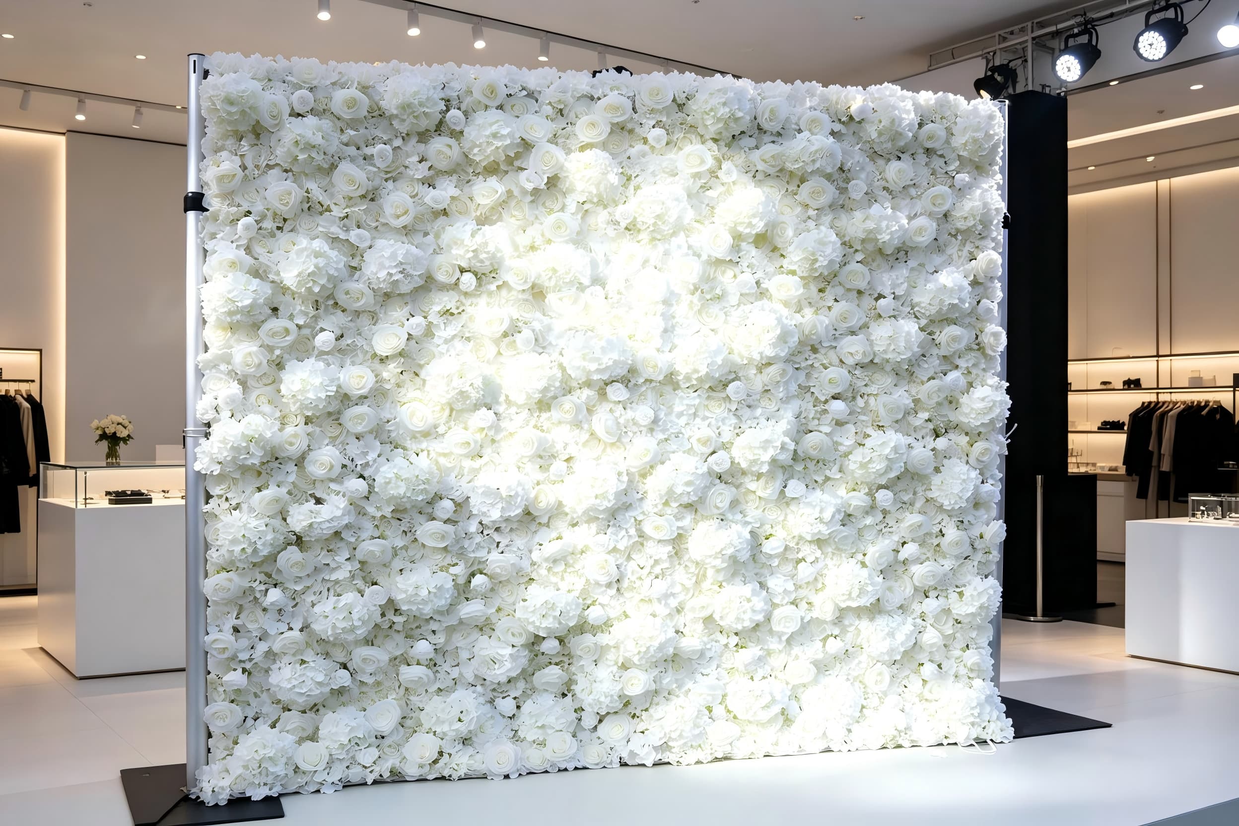 white floral backdrop brand event pop-up display