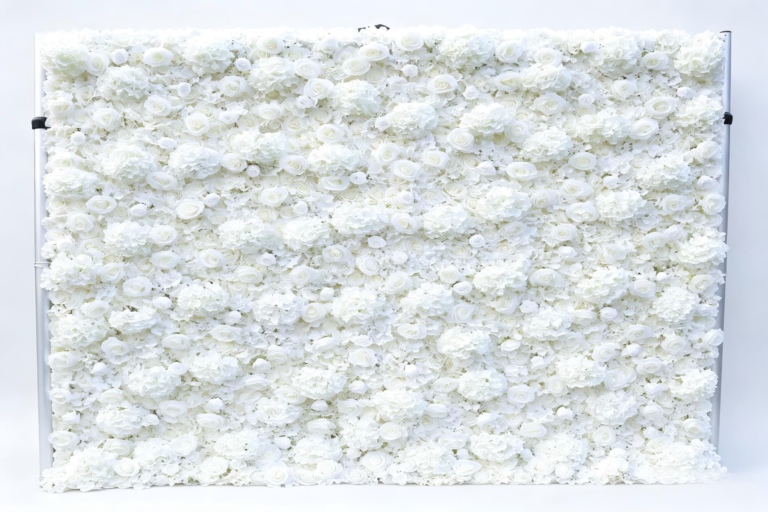white floral backdrop laid flat front view pure white silk flowers