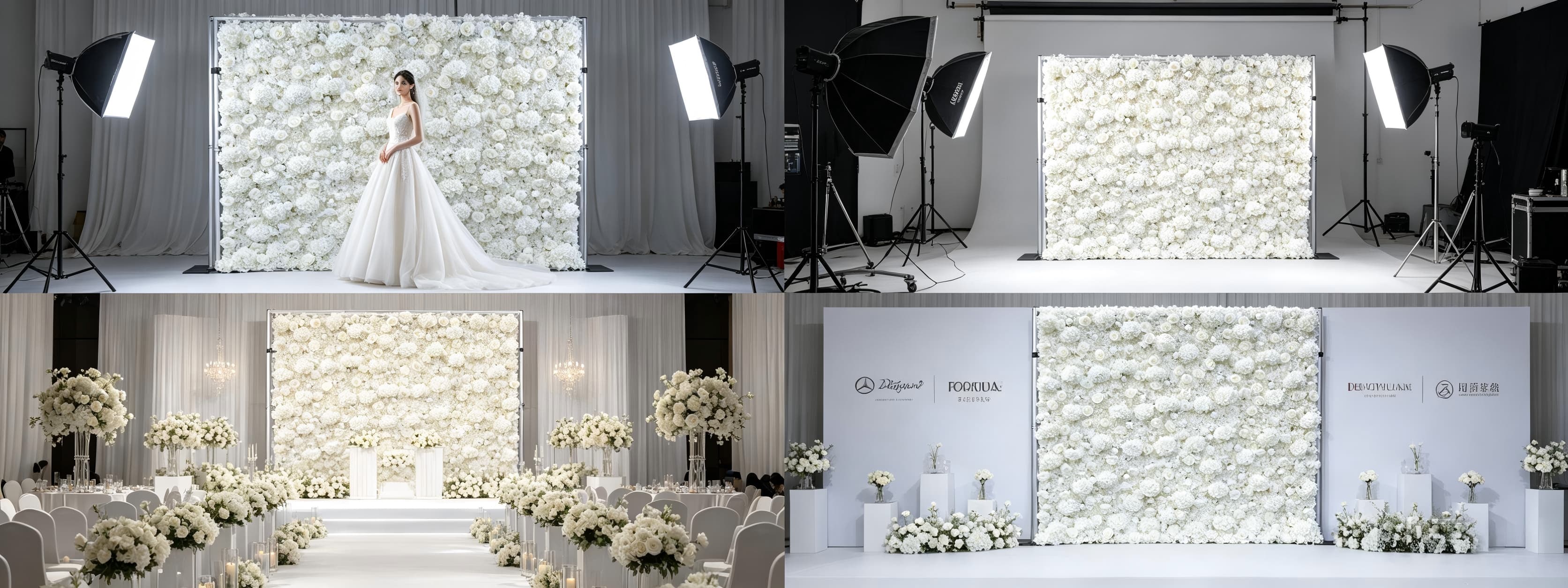 white floral backdrop multiple scenes wedding studio corporate