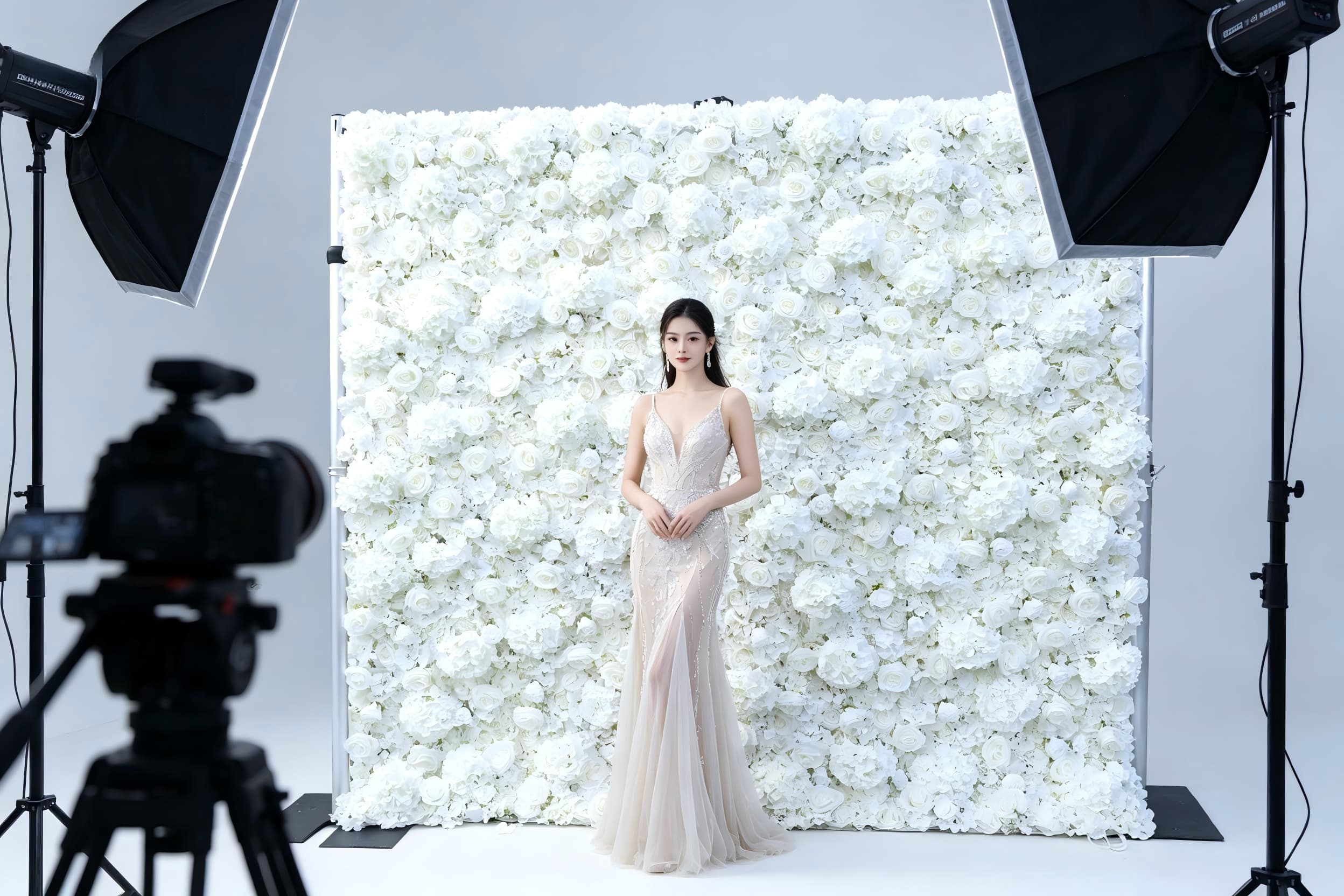 white floral backdrop photography studio portrait session model