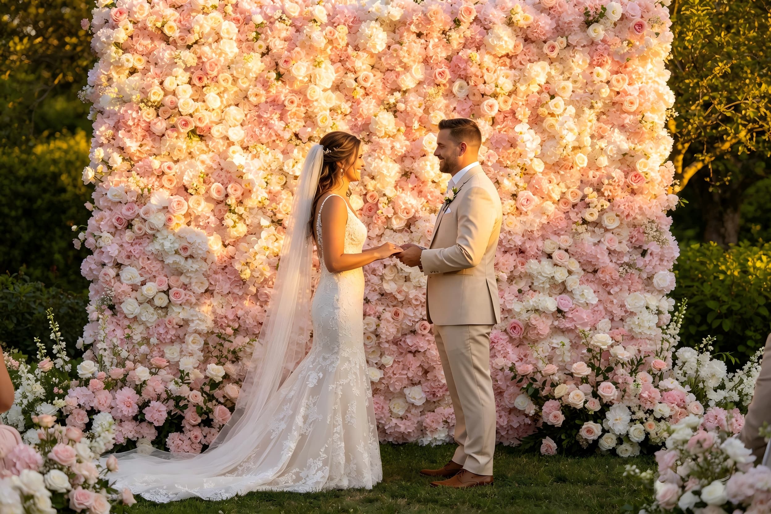 flower wall backdrop at wedding ceremony with bride and groom