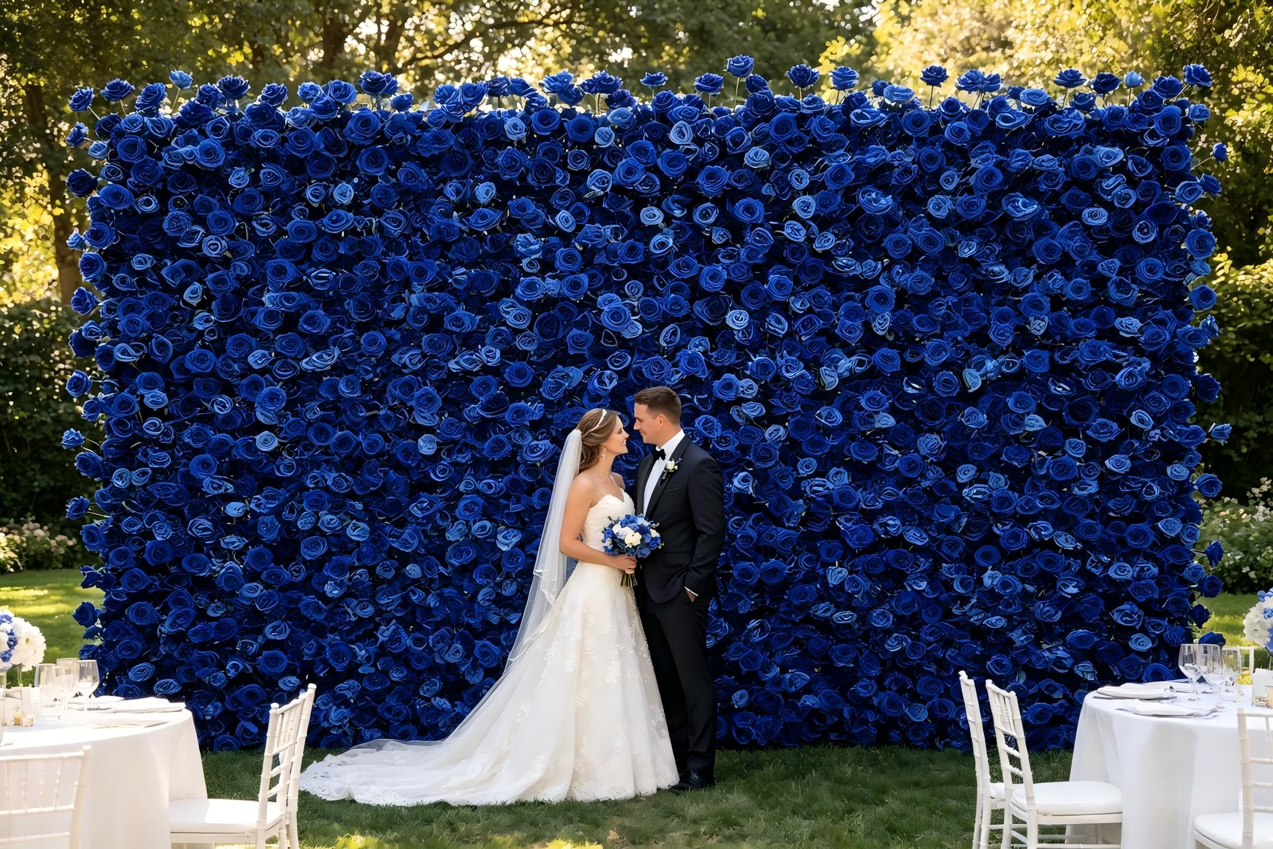 silk flower wall panels at wedding ceremony