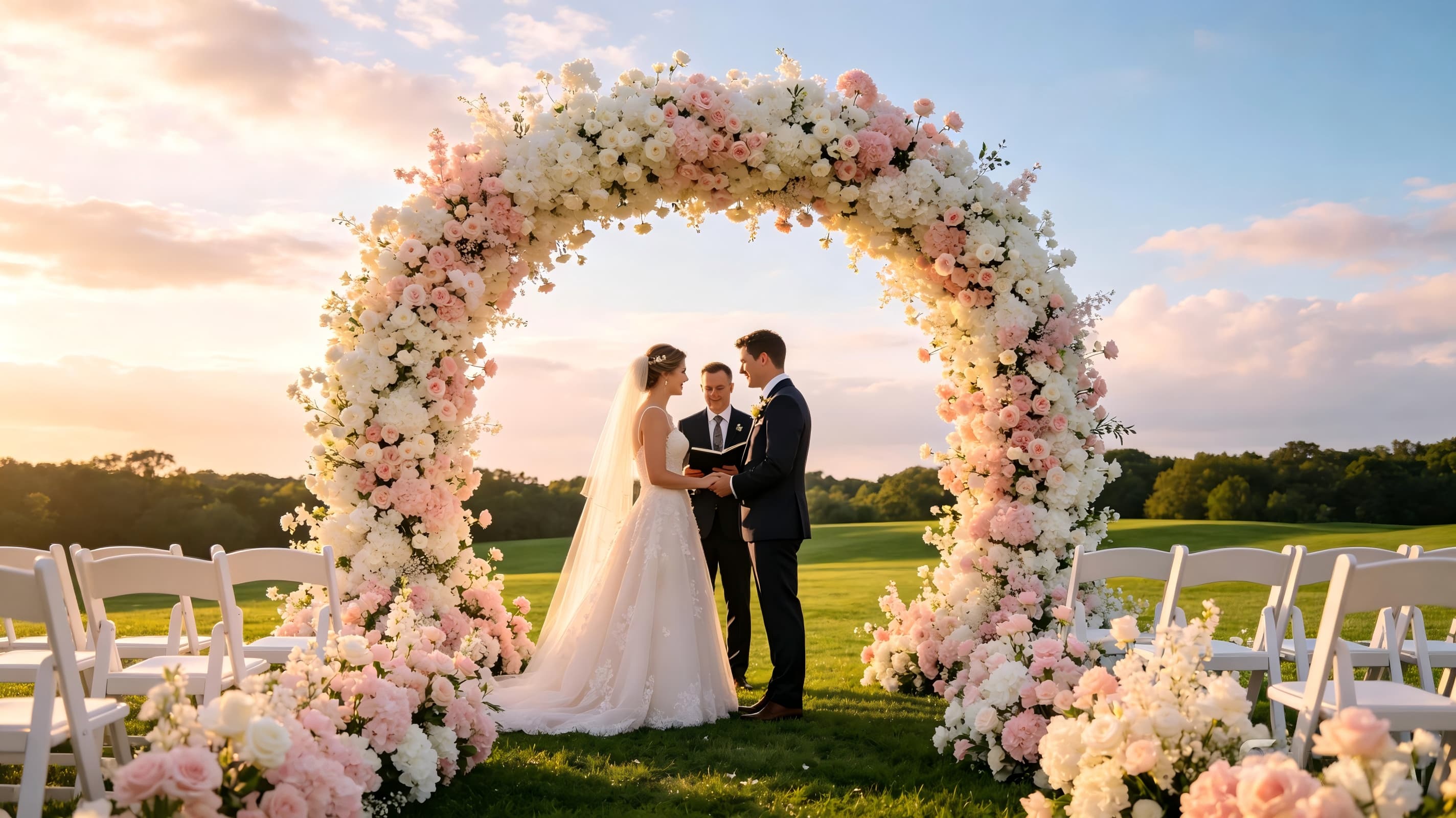 U shaped flower arch wedding ceremony