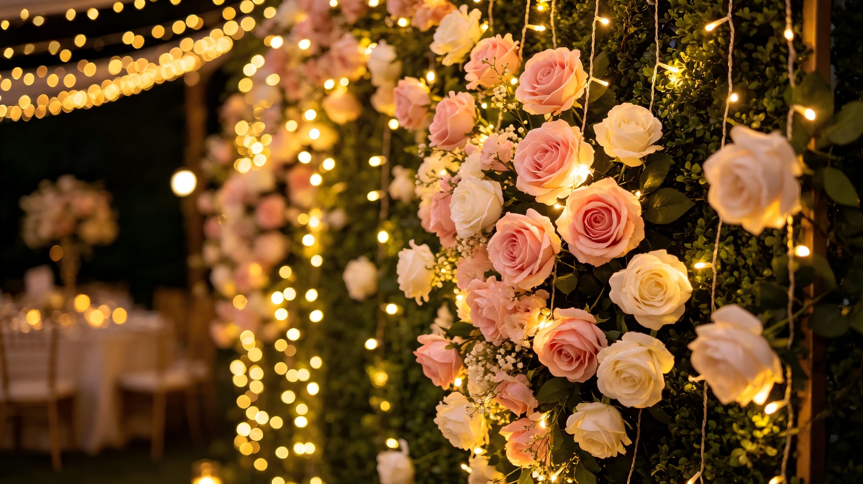 flower wall with fairy lights wedding backdrop