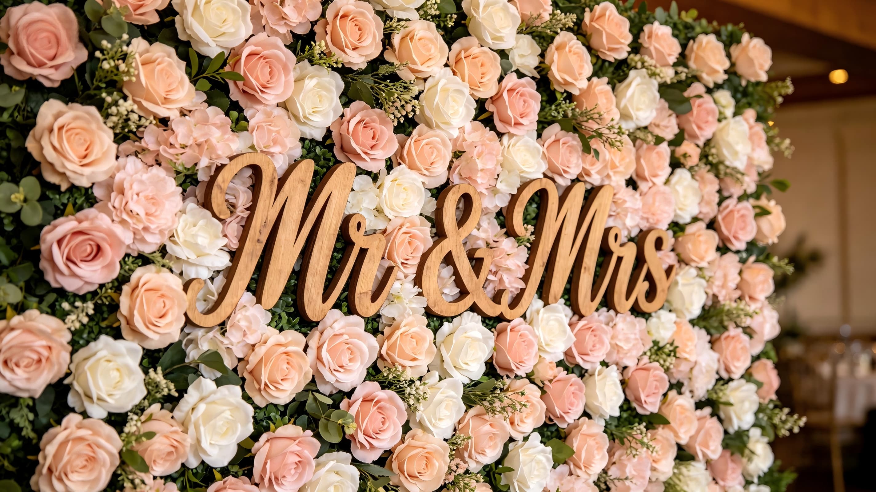 flower wall with personalized wedding sign