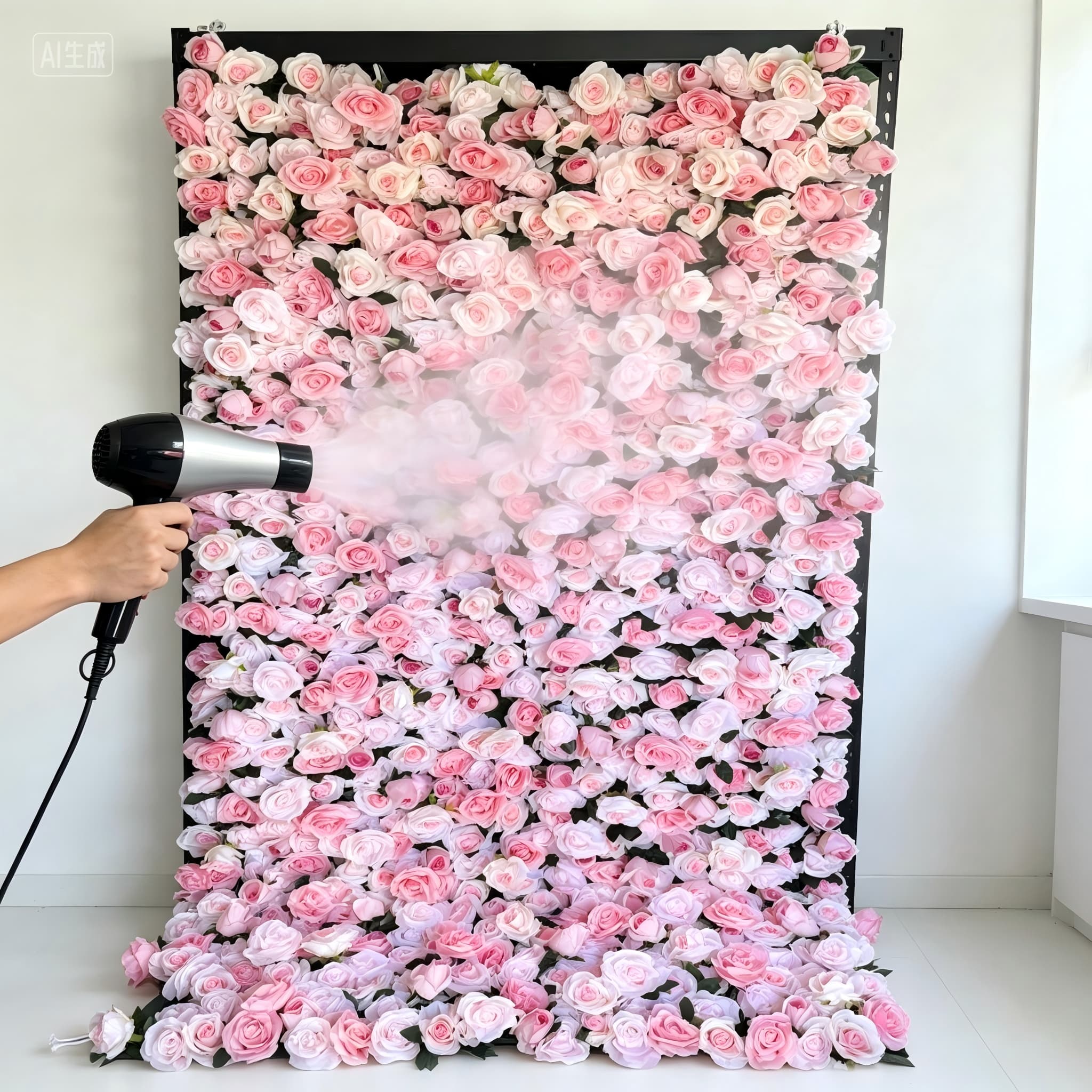 cleaning artificial flower wall with hairdryer