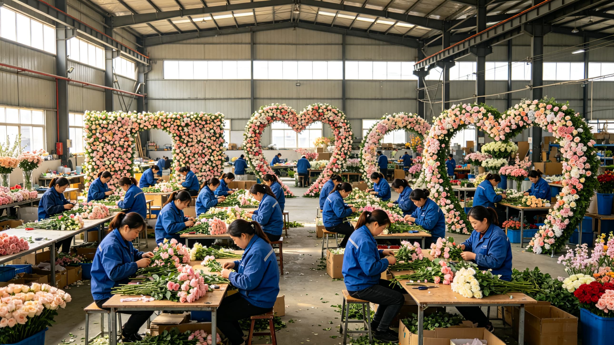 white artificial flower backdrop factory production line