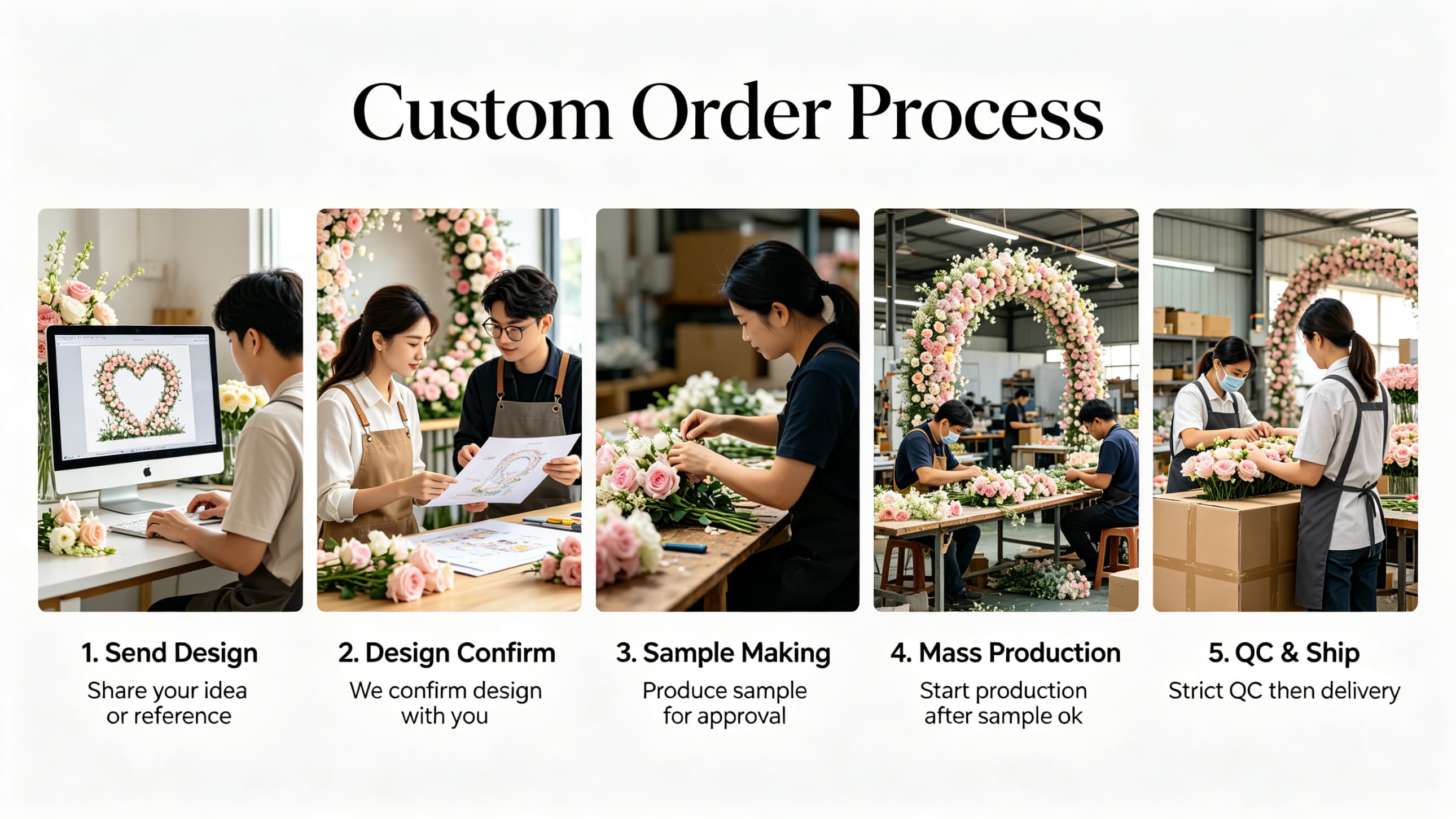 artisan handcrafting artificial silk flower wall panels