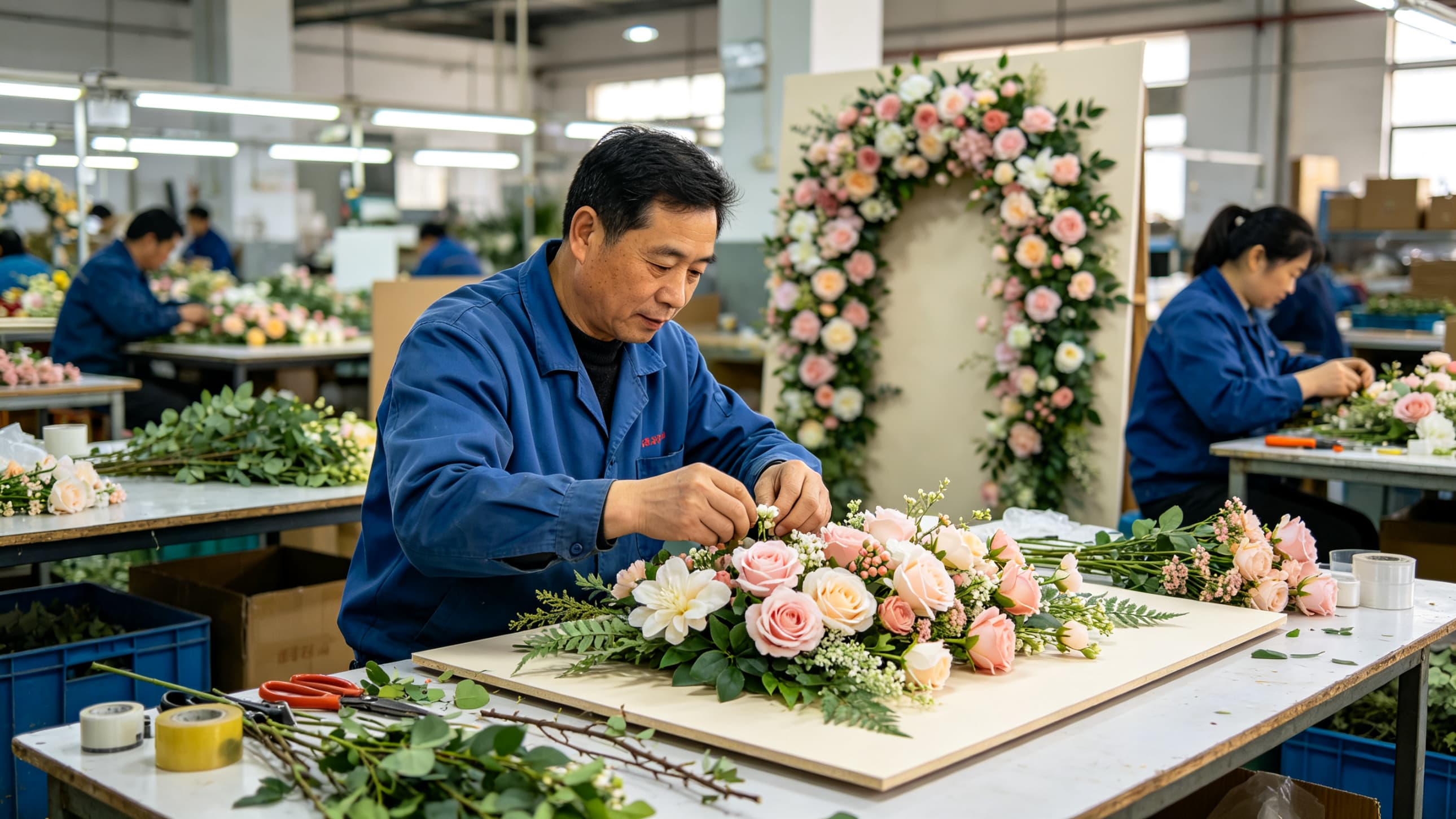 artisan handcrafting artificial wedding flower wall