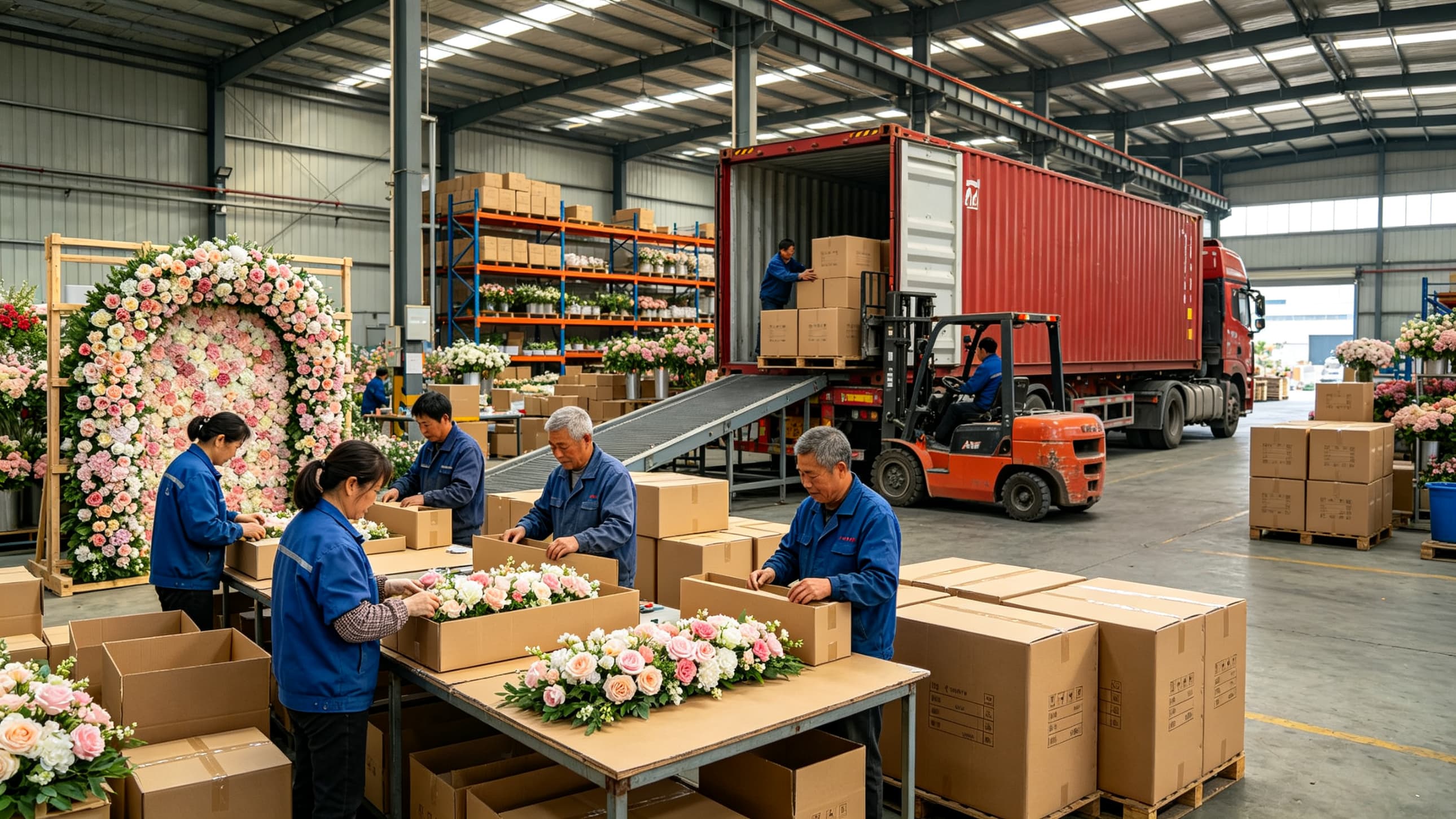 packaging of silk flower wall panels in OPP bag carton