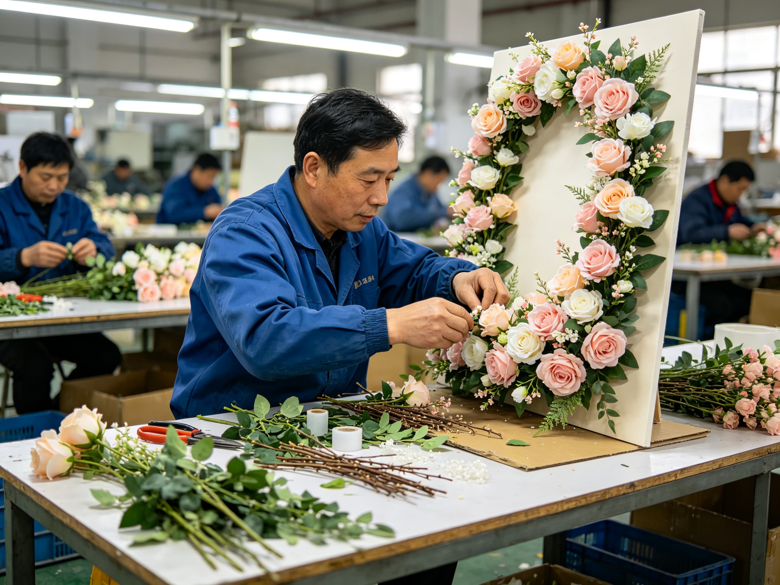 artisan handcrafting flower wall backdrop