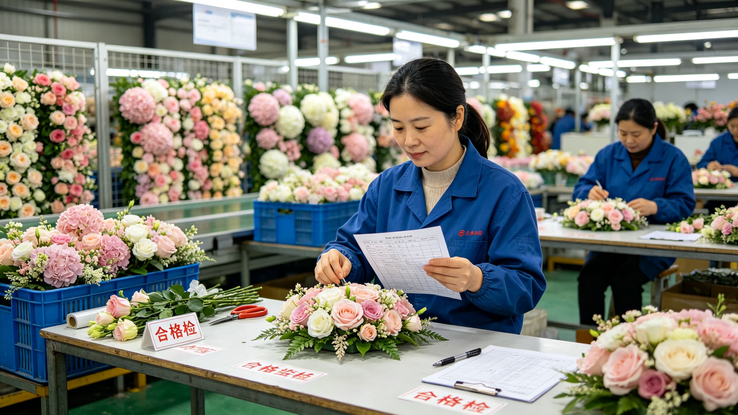 quality control inspection of silk flower wall panels