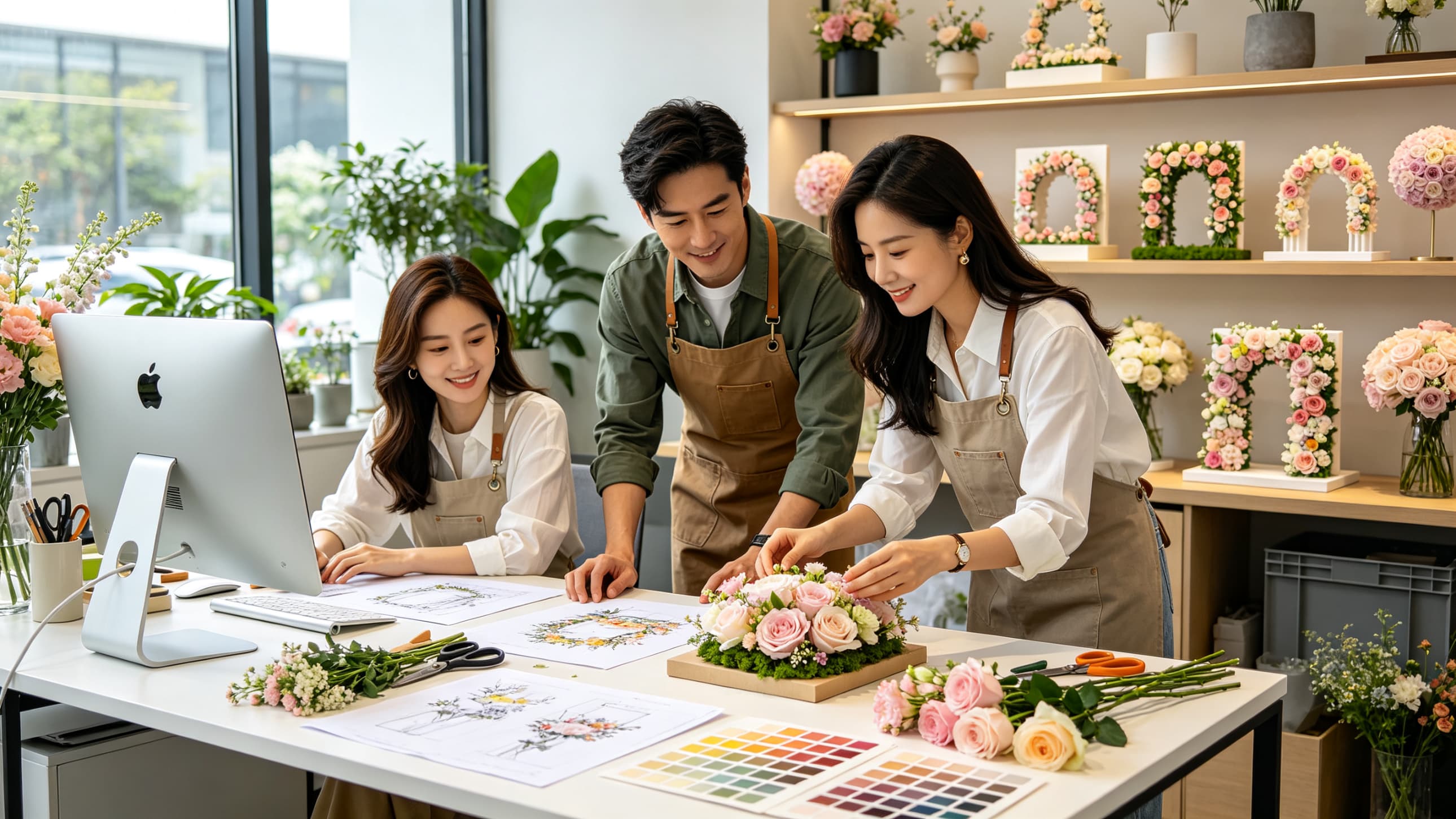artisan handcrafting artificial silk flower wall panels