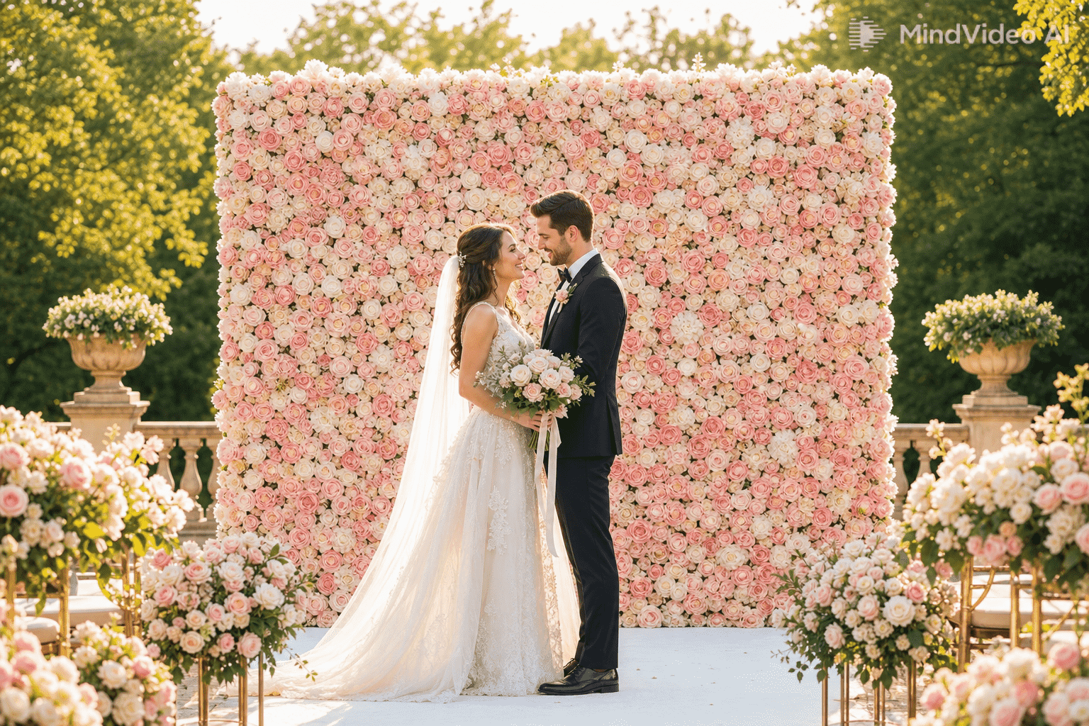 Custom wedding flower wall in blush pink and white roses at outdoor ceremony