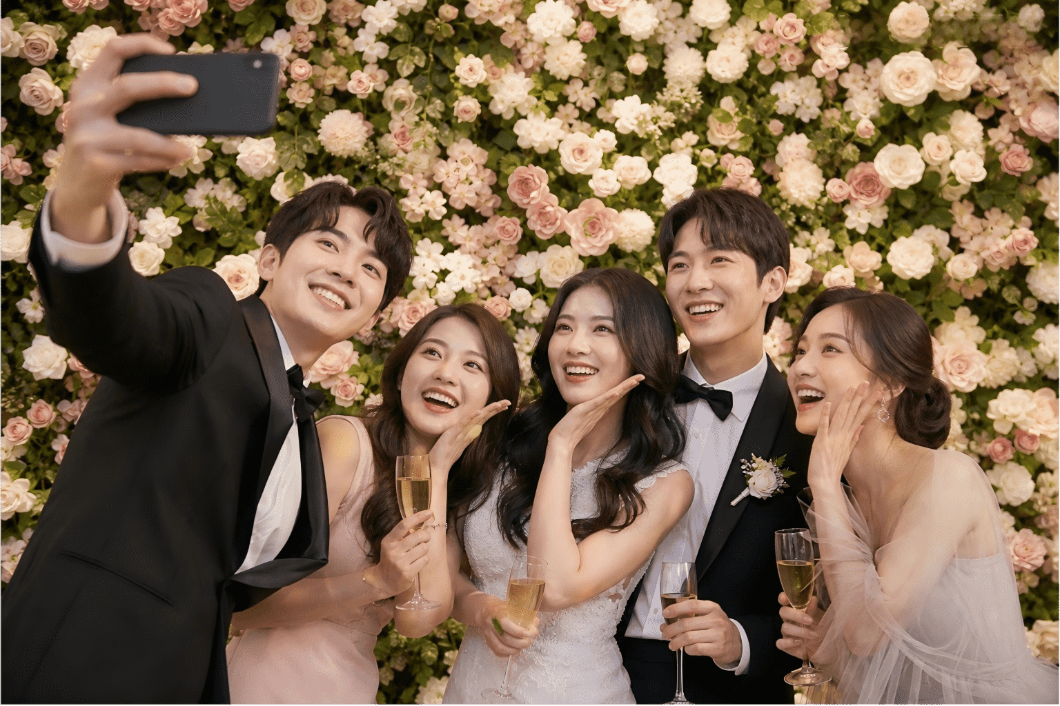 Guests taking photos in front of artificial flower wall at wedding reception