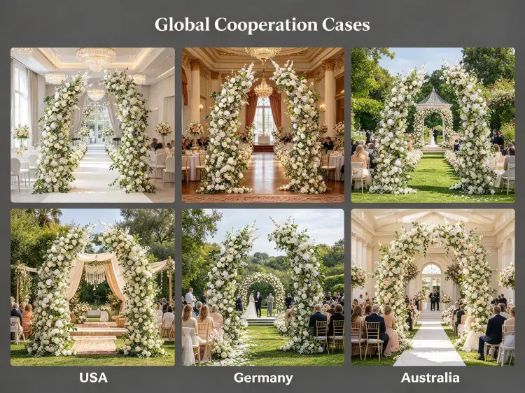 Global White Crescent Arch Wedding Projects in USA Europe and Australia