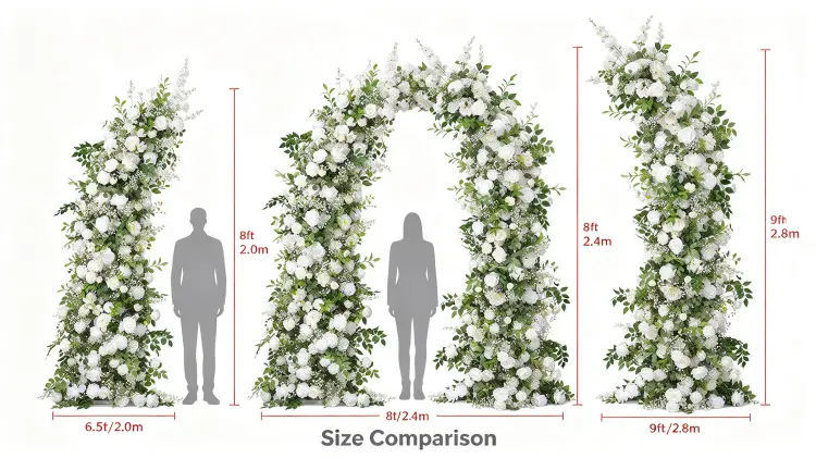 White Crescent Arch Size Comparison 2.0m 2.4m 2.8m with Person