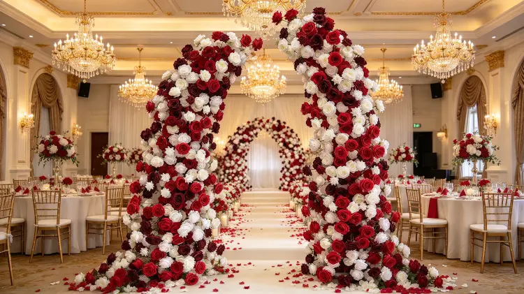 Red White Crescent Flower Arch at Classic Romantic Wedding Ceremony