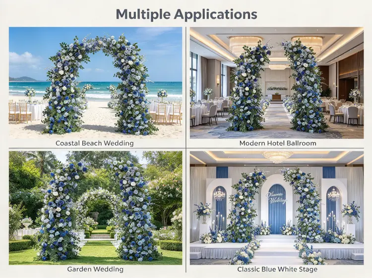 Blue White Crescent Arch in Coastal Beach Ballroom Garden Modern Wedding Settings