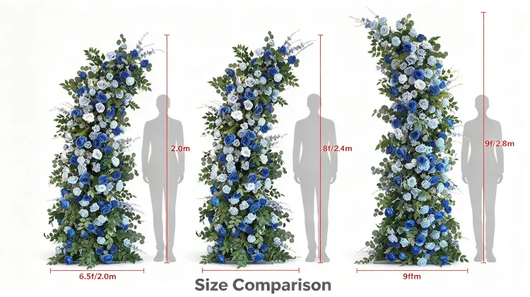 Blue White Crescent Arch Size Comparison 2.0m 2.4m 2.8m with Person