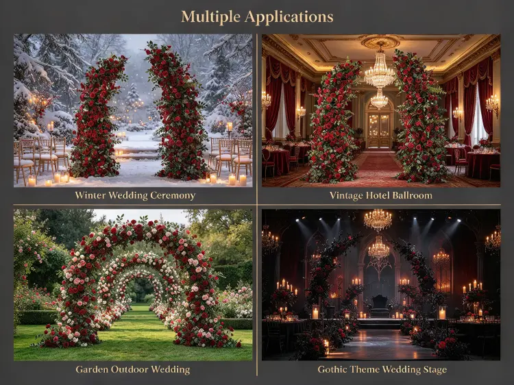 Deep Red Crescent Arch in Classic Winter Vintage Ballroom Garden Bold Wedding Settings
