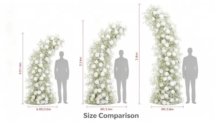 Baby's Breath Crescent Arch Size Comparison 2.0m 2.4m 2.8m with Person