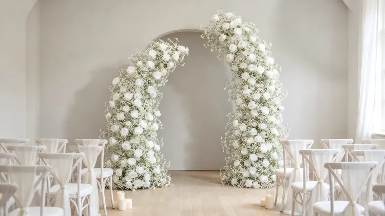 White Baby's Breath Crescent Flower Arch at Minimalist Boho Wedding Ceremony