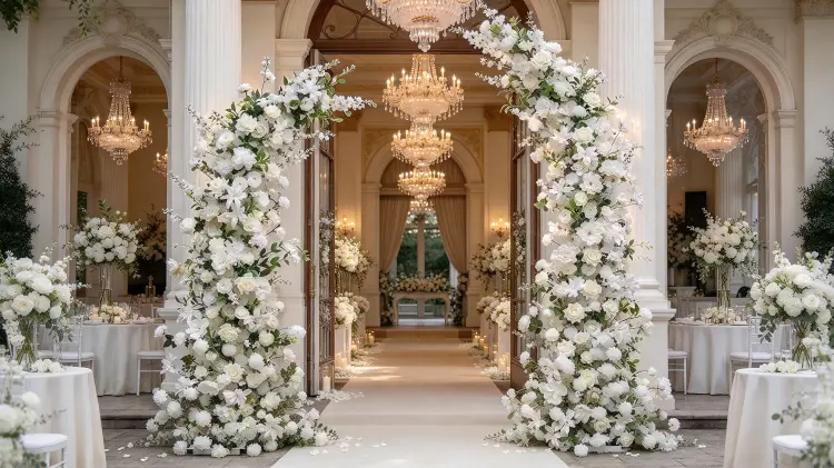 White Peony Crescent Flower Arch at Classic Elegant Wedding Ceremony