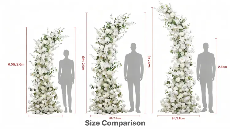 Peony Crescent Arch Size Comparison 2.0m 2.4m 2.8m with Person