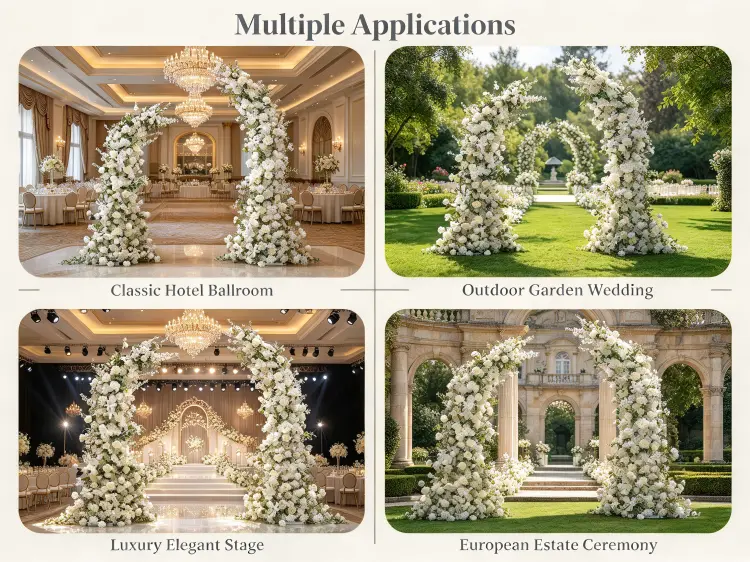 Peony Crescent Arch in Classic Hotel Ballroom Garden Outdoor and Luxury Wedding Settings