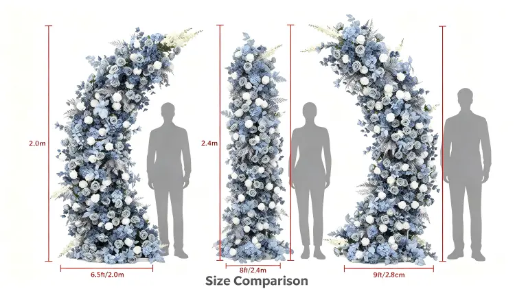Dusty Blue Crescent Arch Size Comparison 2.0m 2.4m 2.8m with Person