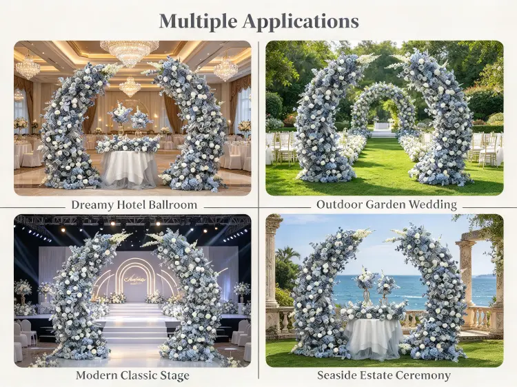 Dusty Blue Crescent Arch in Dreamy Hotel Ballroom Garden Outdoor and Modern Classic Wedding Settings