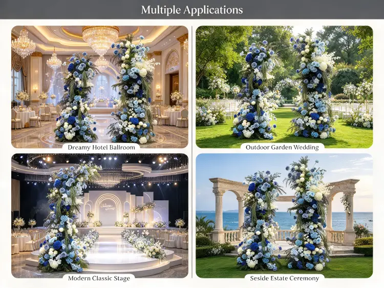 Blue Hydrangea Crescent Arch in Garden Outdoor Hotel Ballroom Modern Classic and Bold Wedding Settings
