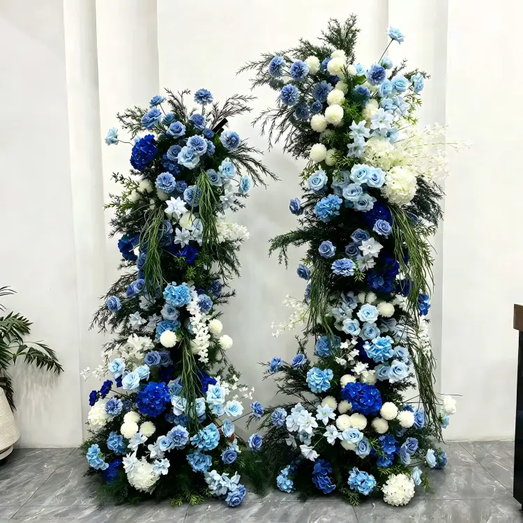 Blue Hydrangea Crescent Moon Gate Arch Front View Full Asymmetric Shape with Green Fern