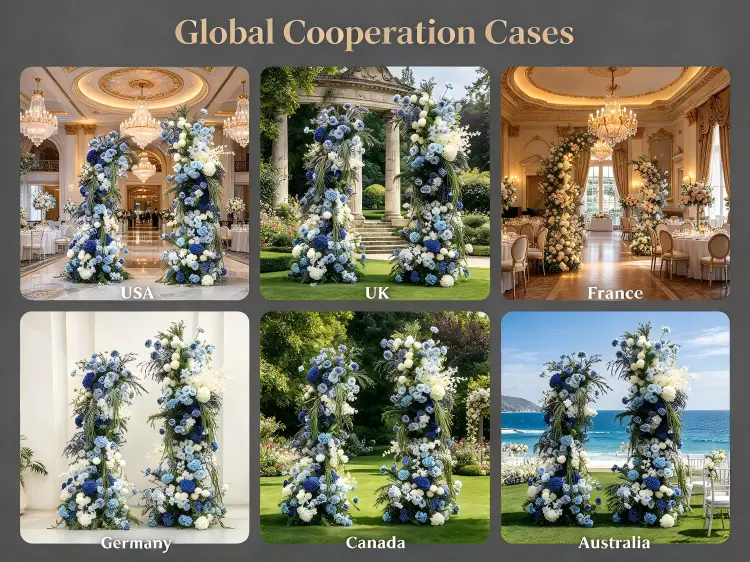 Global Blue Hydrangea Crescent Arch Wedding Projects in USA Europe Garden Outdoor Ceremonies