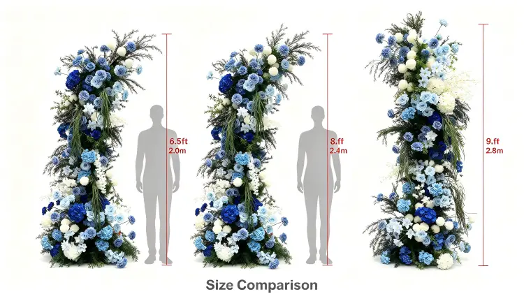 Blue Hydrangea Crescent Arch Size Comparison 2.0m 2.4m 2.8m with Person