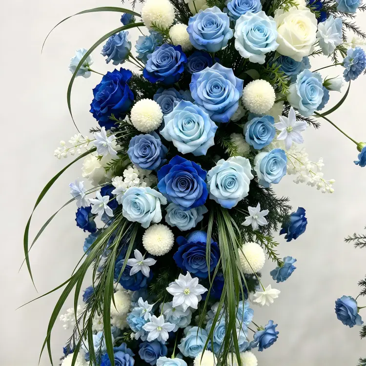 Close-up Detail of Dark Blue Hydrangea White Rose Ping Pong Chrysanthemum Crescent Arch