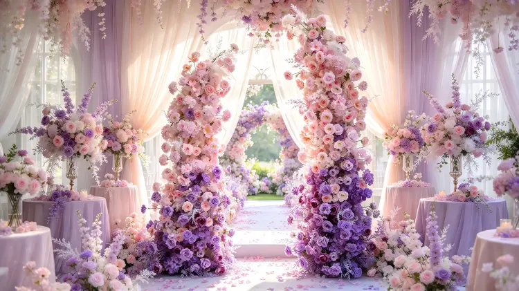 Pink Purple Ombre Crescent Flower Arch at Fairytale Dreamy Wedding Ceremony