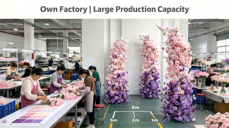 Factory Workers Hand-Placing Gradient Flowers 10-Section Map Pampas Grass Three-Distance Check
