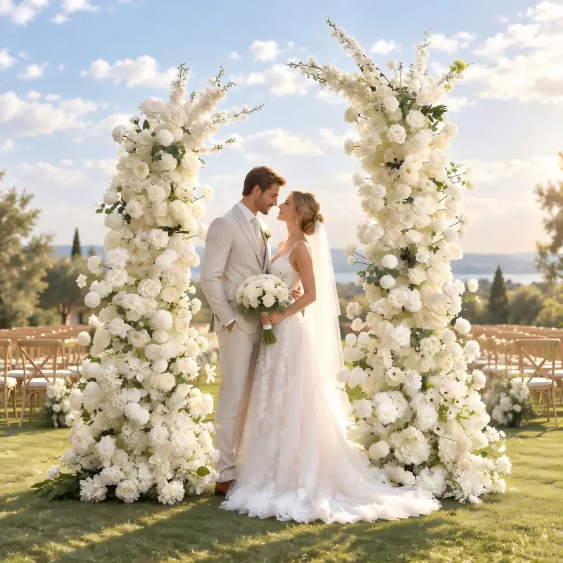 White Rose Delphinium Crescent Arch – Moon Gate Wedding Arch