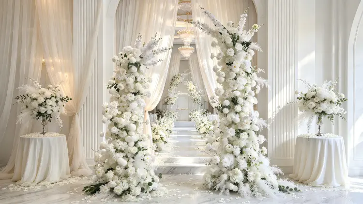 All White Delphinium Rose Hydrangea Crescent Flower Arch at Luxury Classic Wedding Ceremony