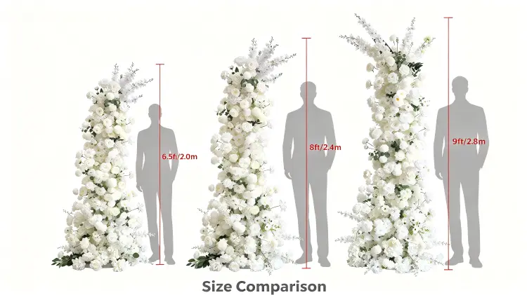 All White Delphinium Crescent Arch Size Comparison 2.0m 2.4m 2.8m with Person Natural Skyline