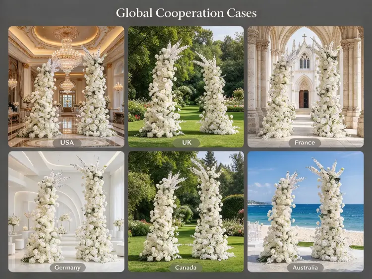 Global All White Delphinium Crescent Arch Wedding Projects in USA Europe Luxury Classic Ceremonies
