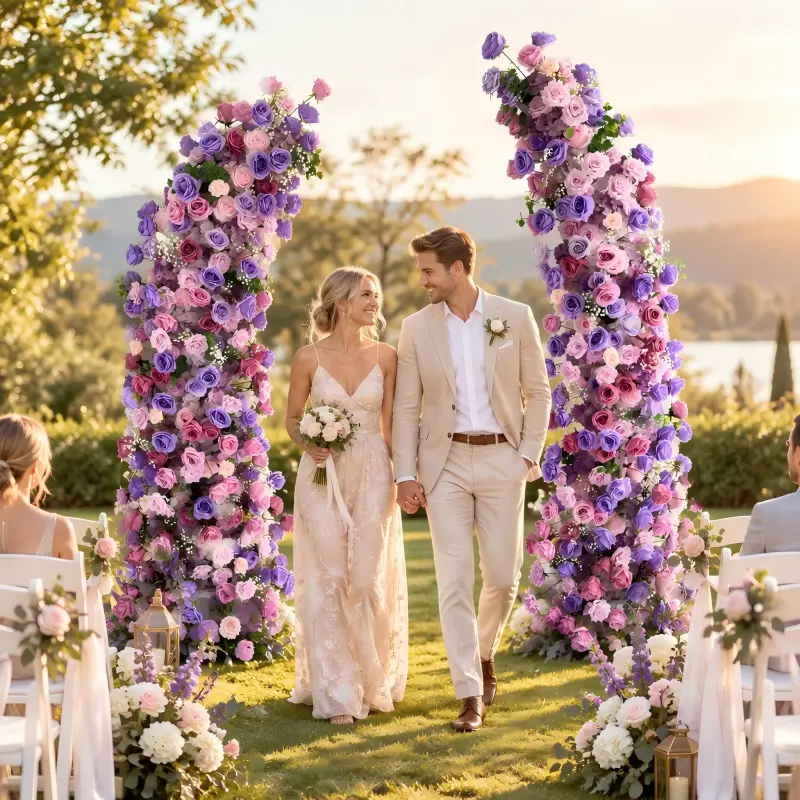 Purple Pink Draped Crescent Arch – Waterfall Flower Arch