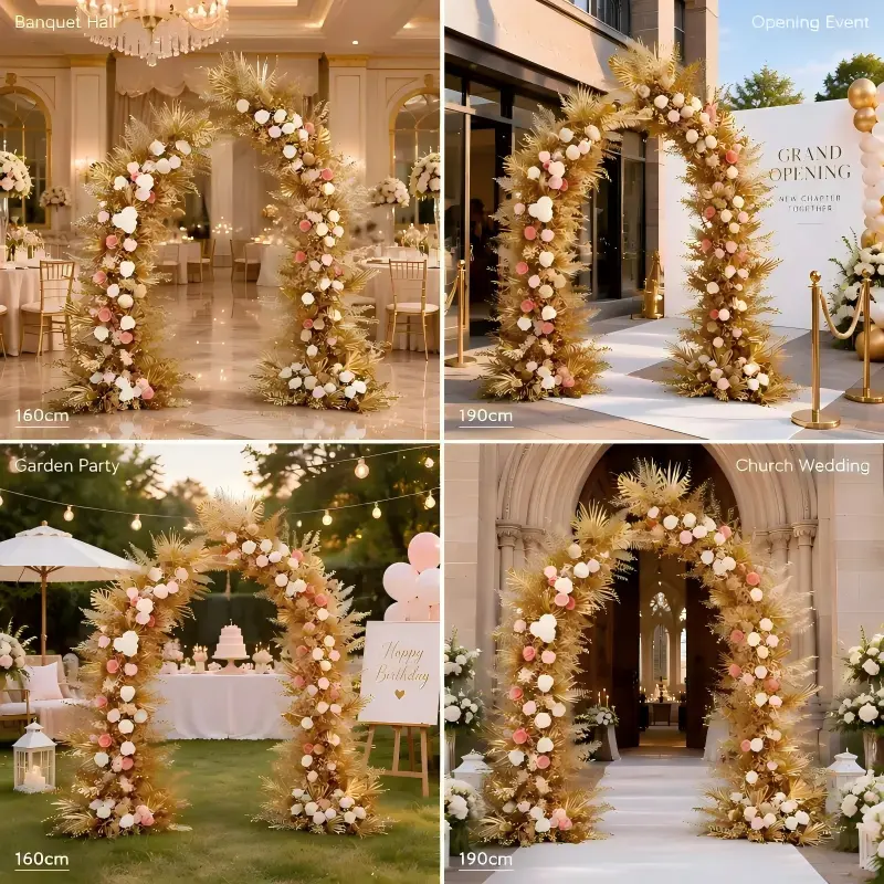Gold Leaf Crescent Arch – White Pink Rose Moon Gate Arch