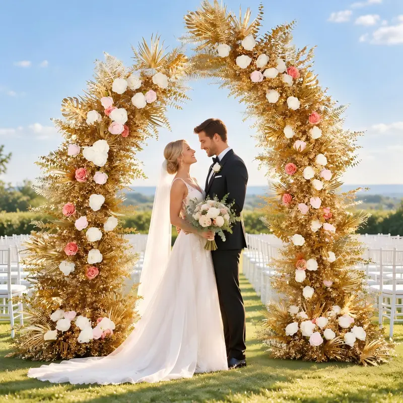 Gold Leaf Crescent Arch – White Pink Rose Moon Gate Arch
